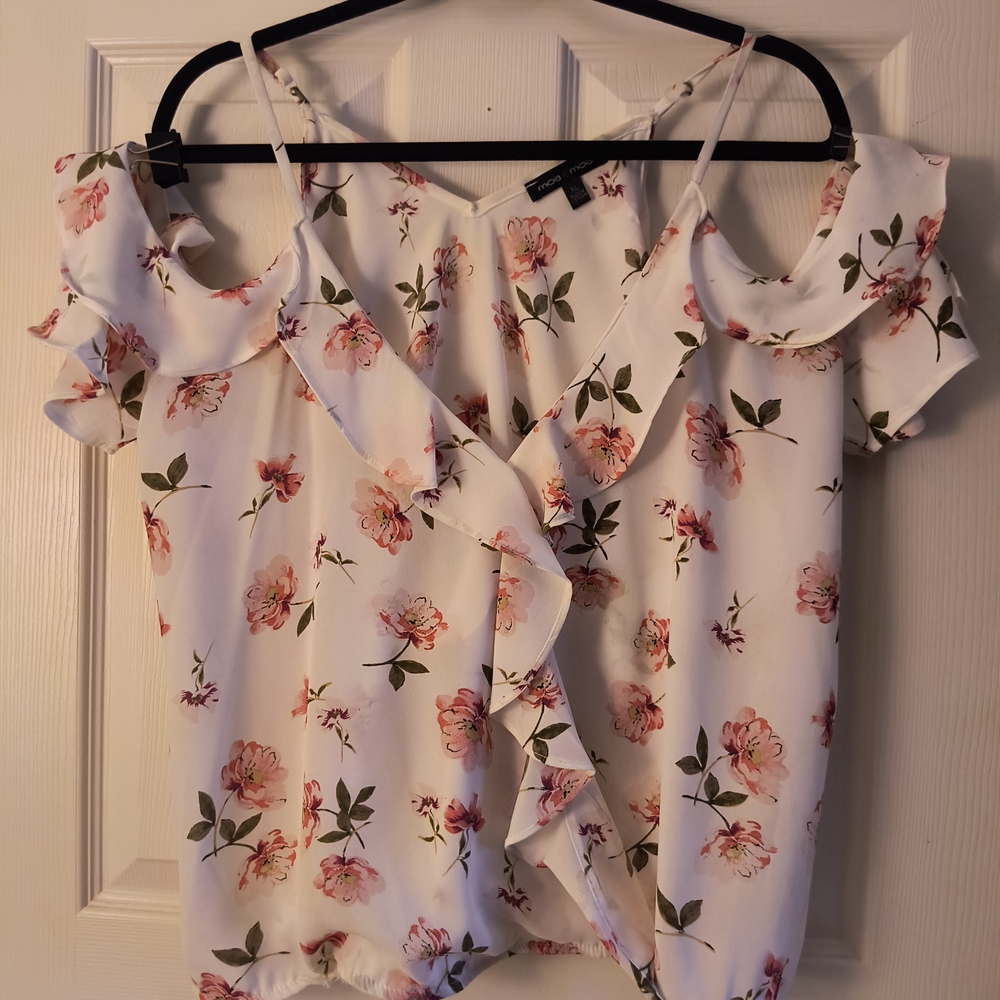 Moa Moa White, Cold Shoulder, Floral Ruffle Blouse